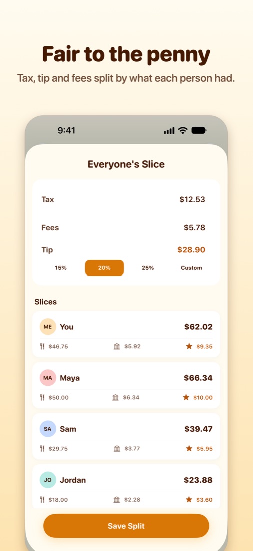 Each person's share with tax and tip