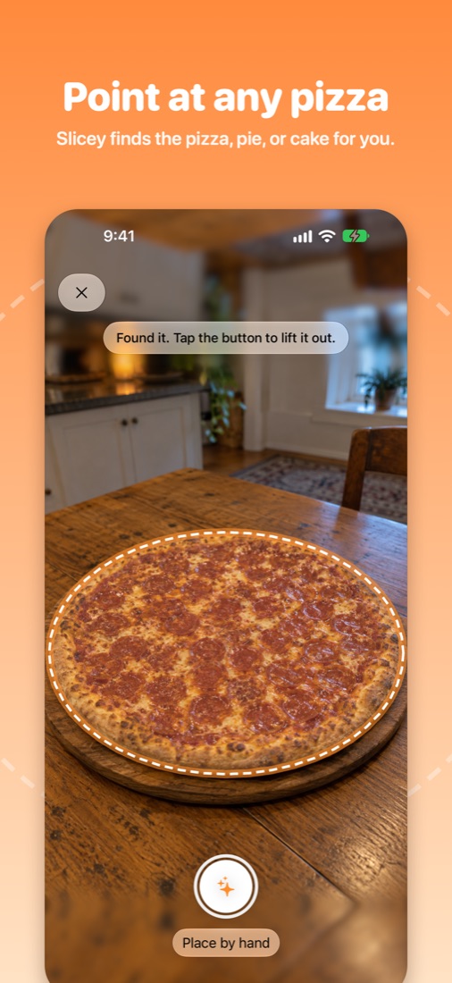 Slicey outlining a pizza through the camera